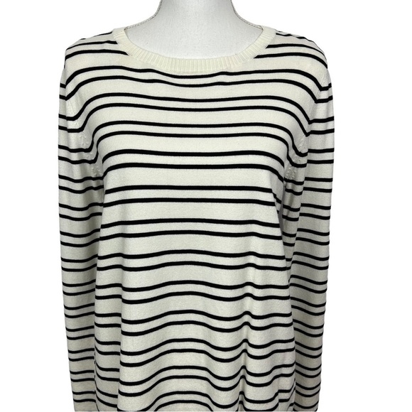 Renee C. Women’s Pullover Sweater Sz Large Black & White Stripe Brown Elbows - Picture 2 of 10